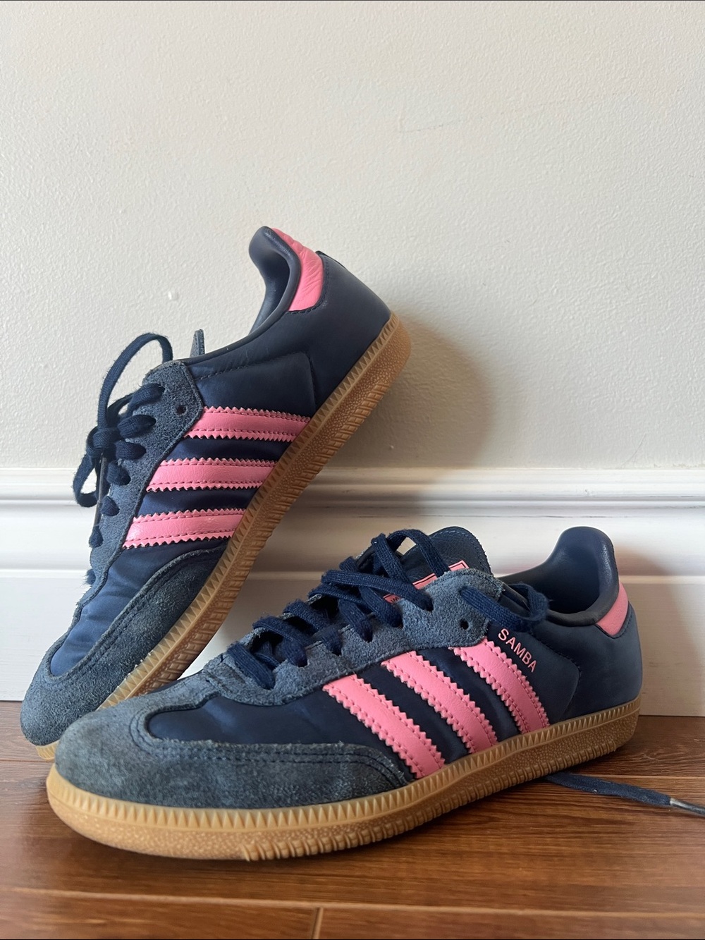 adidas satin & suede Samba Sneakers in Navy and Pink with Gum Sole